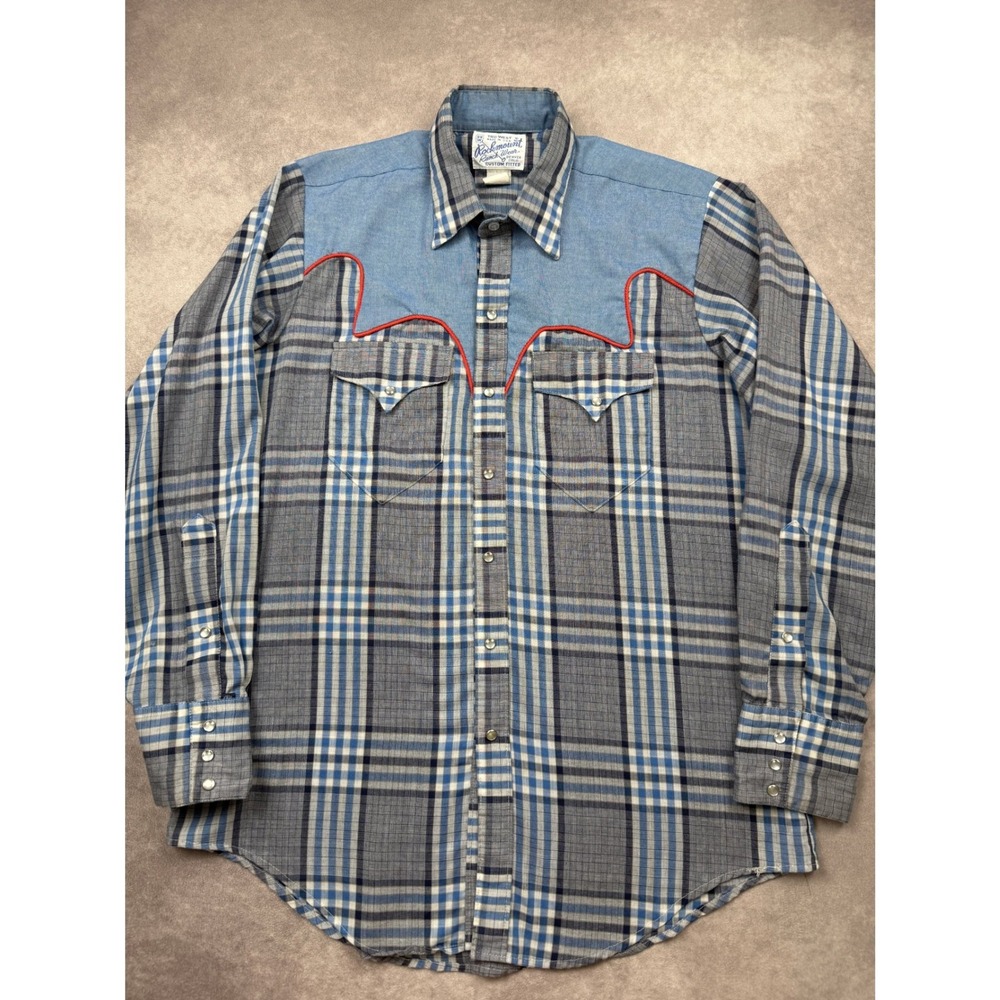 VTG Rockmount Ranch Wear Mens 16-M Tall Plaid Western Pearl Snap Blue Grey USA